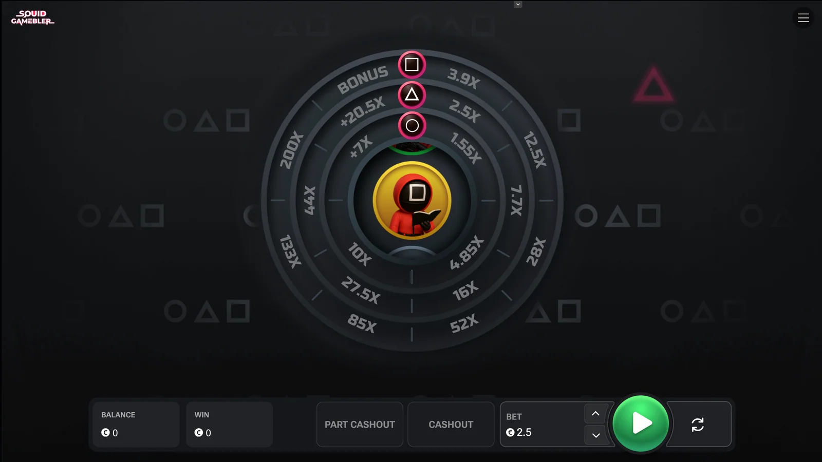 Squid Gamebler official game interface with three multiplier tracks